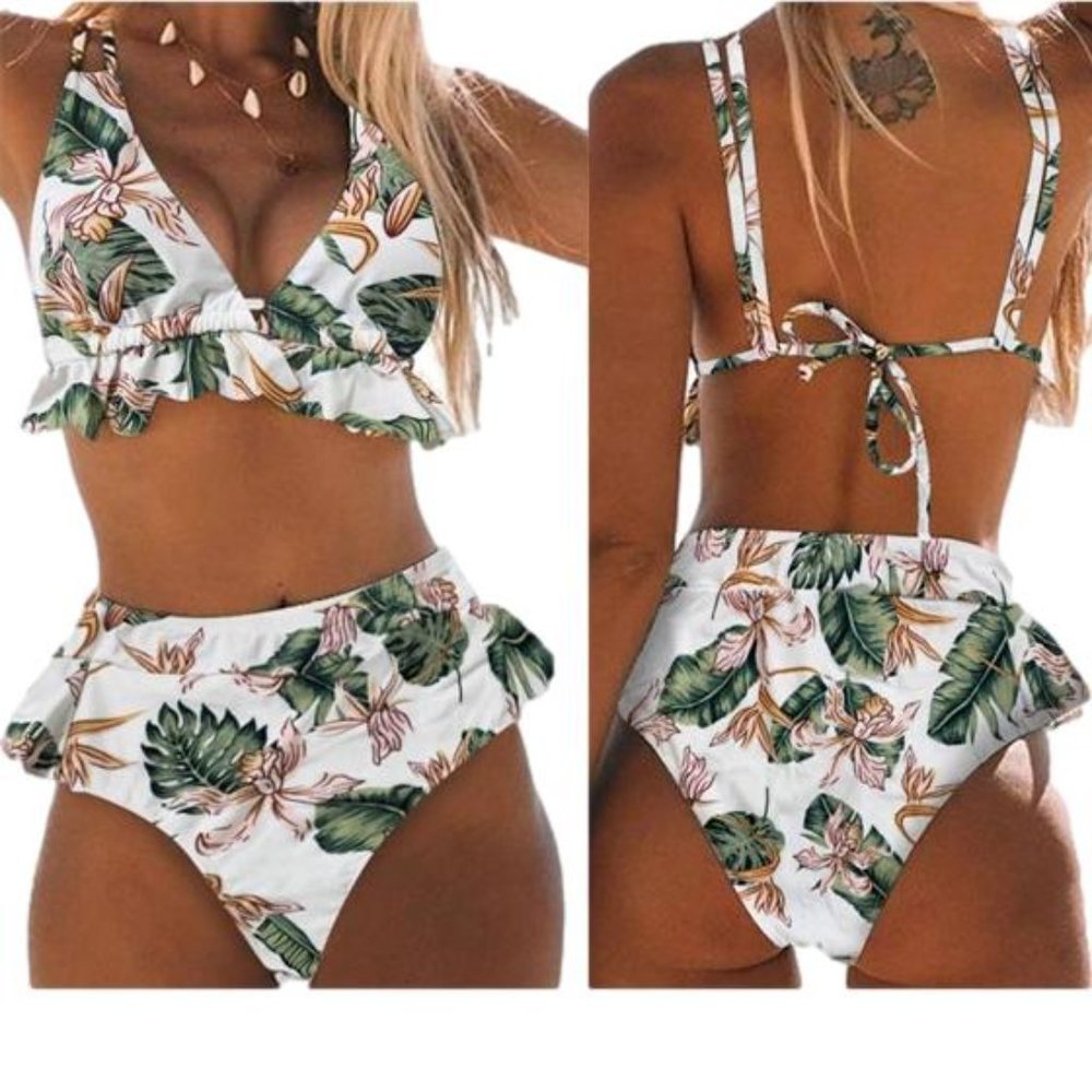 NWT Floral High-Waisted Ruffled Bikini